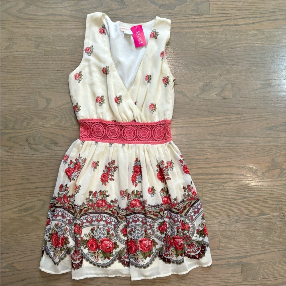 NWT A’gaci white pink floral a line dress women’s size medium
